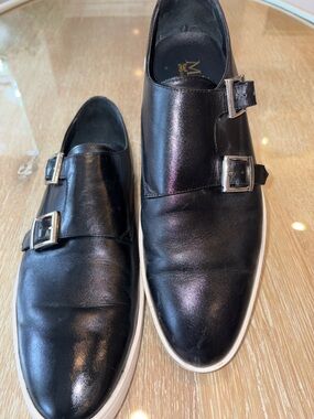 Men's Black Leather Double Monk-Strap Slip-On Loafers
